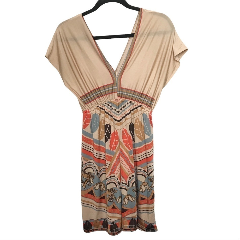 Shoreline Tan Geo Print V Neck Tunic Dress